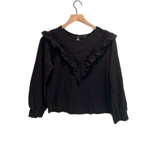 J.Crew Blouse Womens Small Black Long‎ Sleeve Ruffled Trim Textured Fabric